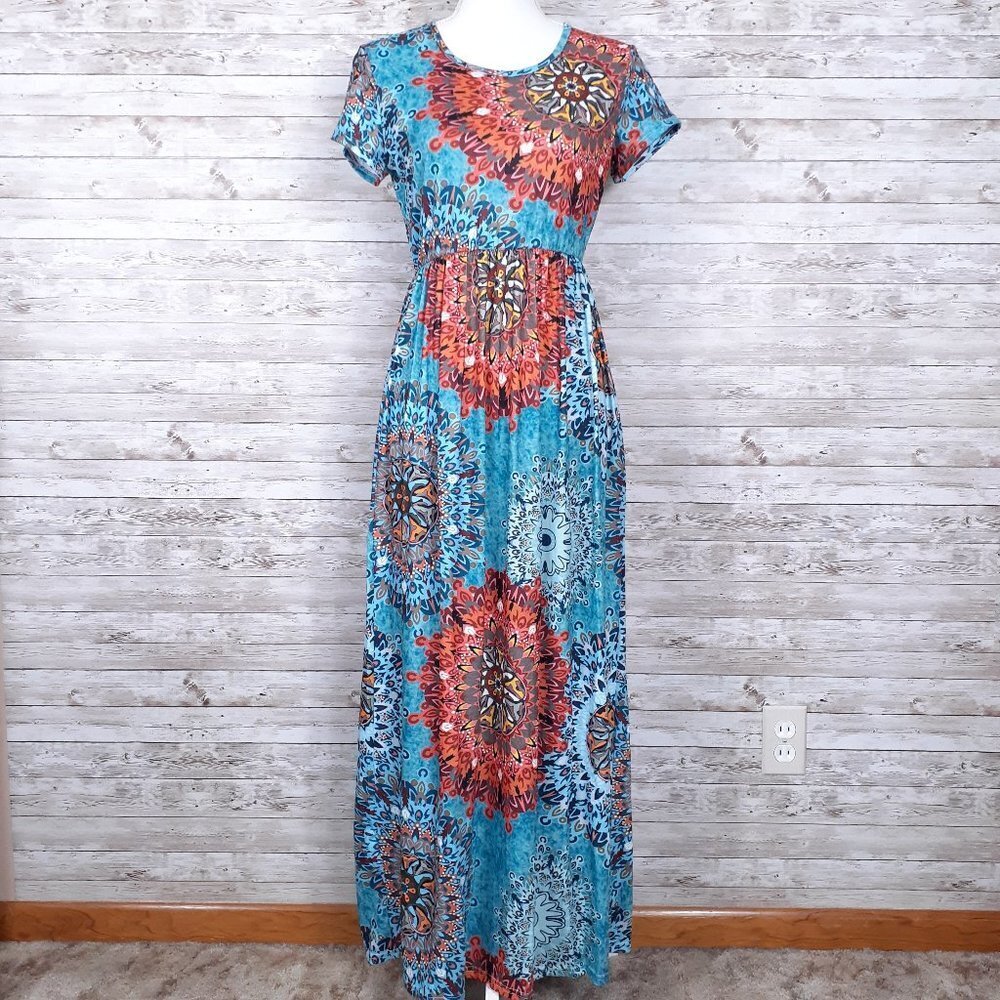 Coeur De Vague Maxi Dress M Blue Copper Medallions 454A